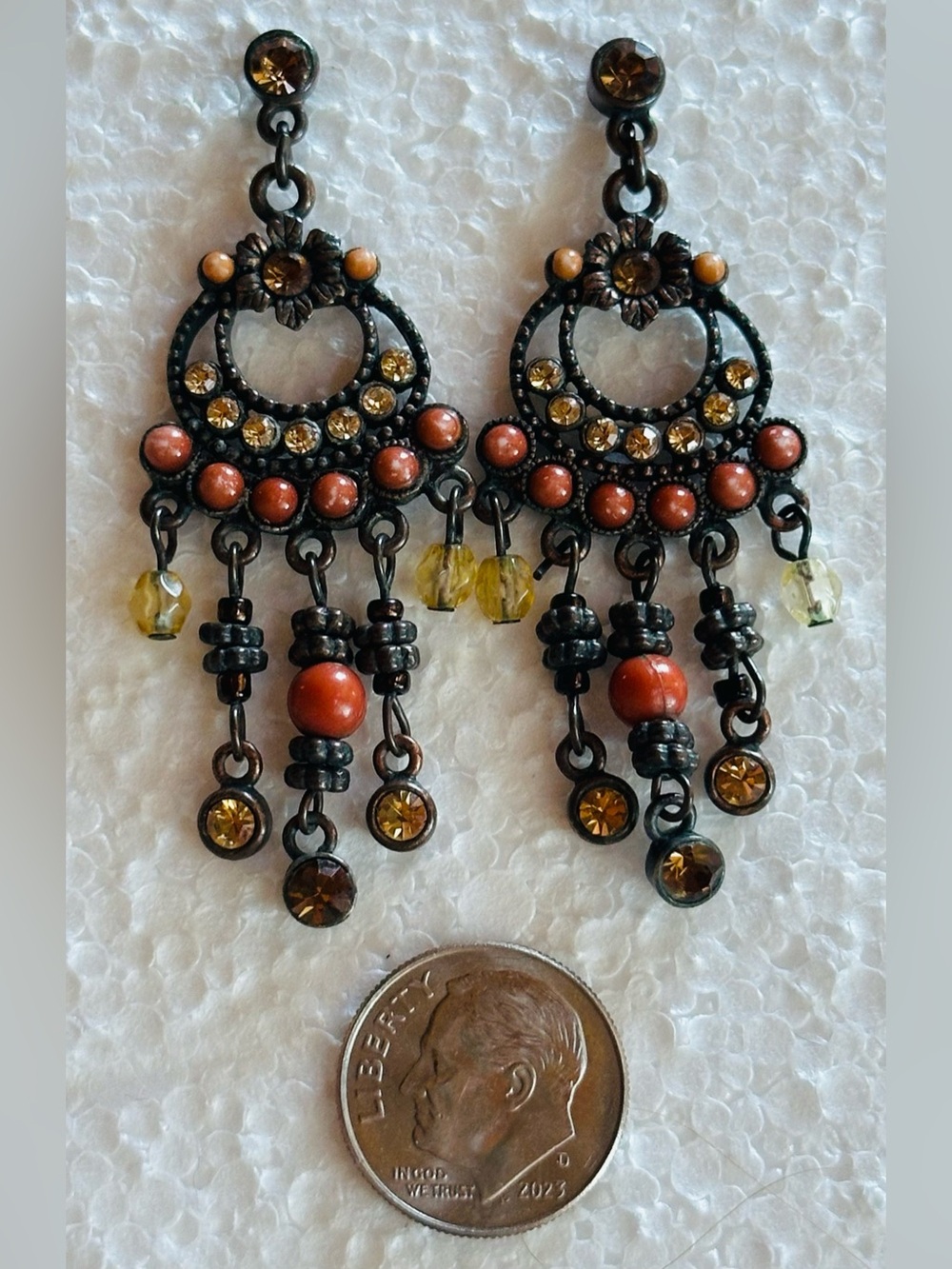 Vintage 1980s Drop Earrings with rhinestones & metal beads